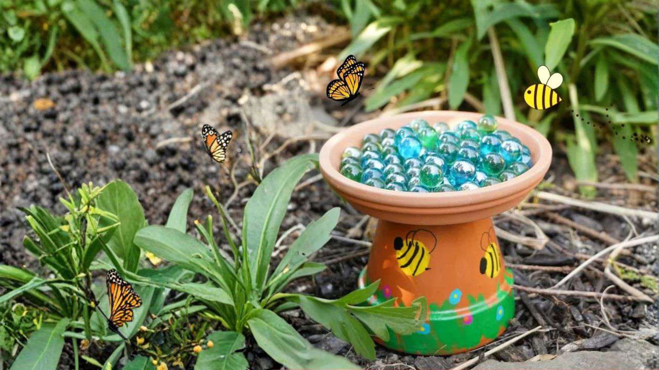 Main image: a DIY bee bath for the garden, made from a terracotta pot and saucer with marbles for the bees to land on. With cute yellow bees painted on the side.