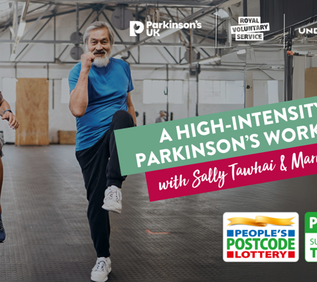 Text reads, " A high-intensity Parkinson's workout with Sally Tawhai and Maria Lewis" Over a back ground image of Two older men marching on the spot, enjoying a high intensity workout, smiling, with an exercise hall backdrop.