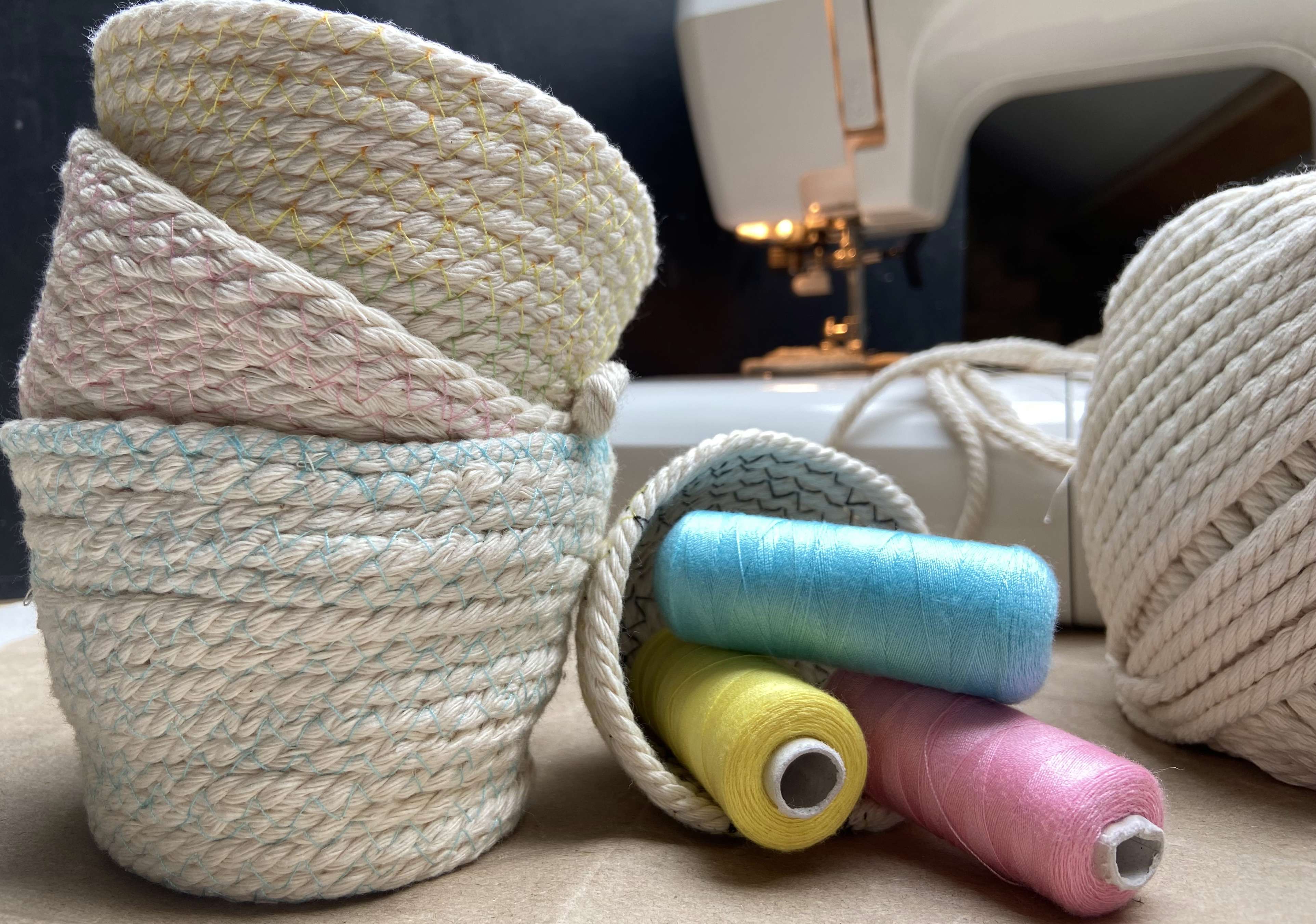 a stack of handmade rope bowls made by Rachel Moore