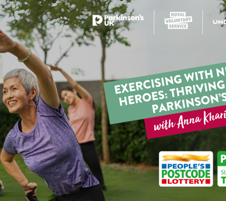 Text reads, "Exercising with Neuro Heroes: Thriving with Parkinson's with Anna Kharin" over a background image of Woman in a purple workout t-shirt stretching her left arm over her head, with her other hand on her hip, exercising outdoors with two people also doing the same stretch behind her.