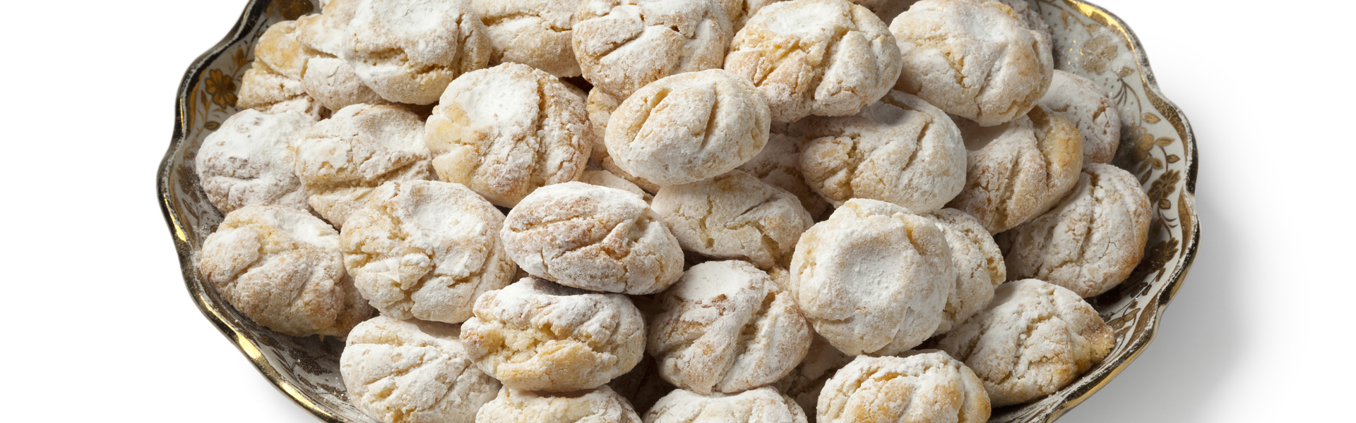 Main Image: A gold rimmed bowl, full of delicious Moroccan gluten-free almond cookies.