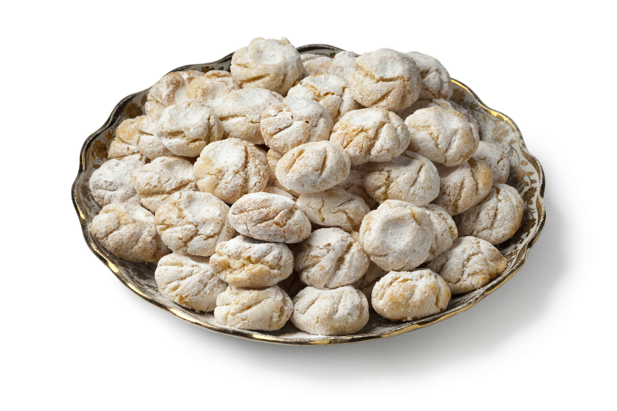 Main Image: A gold rimmed bowl, full of delicious Moroccan gluten-free almond cookies.