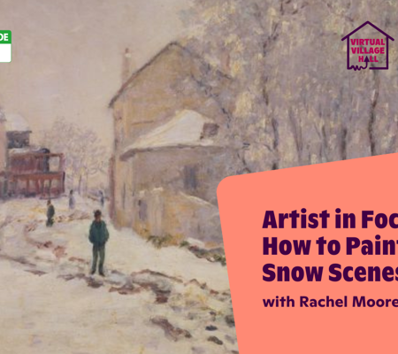 Text reads, "Artist In Focus How To Paint Winter Snow Scenes with Rachel Moore" over the main image at the top of this page.