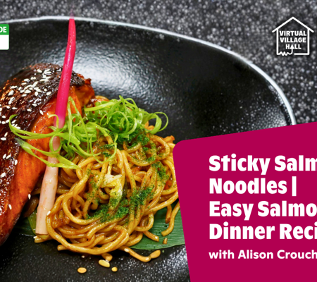 Text reads, "Sticky Salmon Noodles - Easy Salmon Dinner Recipe with Alison Crouch" over the main image at the top of this page.