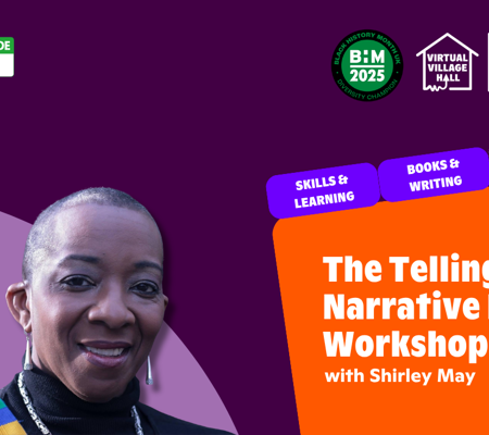 Text reads, "The Telling Narrative Poetry Workshop with Shirley May - Black History Month" over the main image at the top of this page.