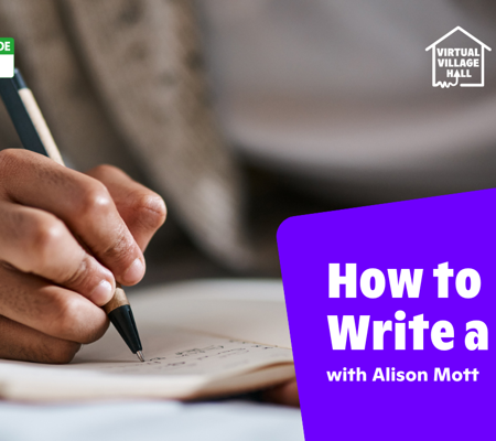 Text reads, "How to write a book with Alison Mott" over an image of a person writing a book.