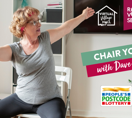 Text reads, "Chair Yoga with Dave Rennie" with an image of a woman sitting in her living room doing chair yoga stretches