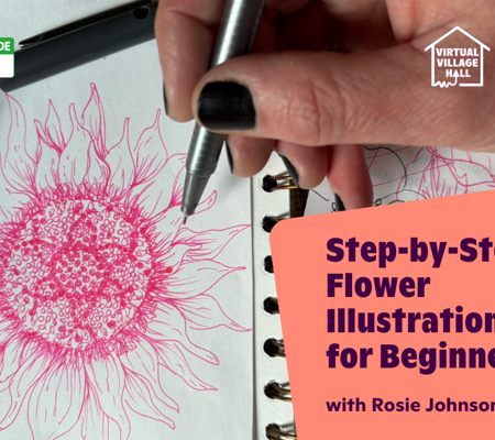 Text reads, "Step By Step Flower Illustration For Beginners with Rosie Johnson" over the main image at the top of this page