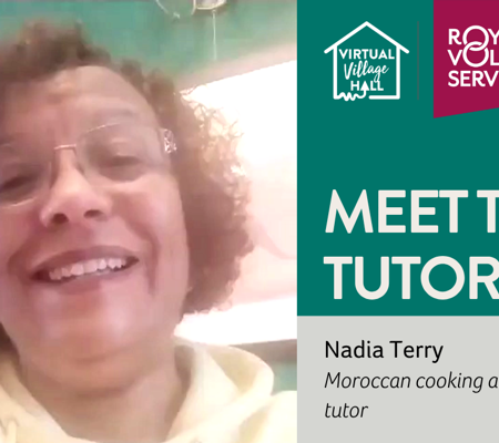 Text reads, "Meet The Tutor, Nadia Terry - Moroccan cooking and backing tutor" with a photo of Nadia smiling at the camera.