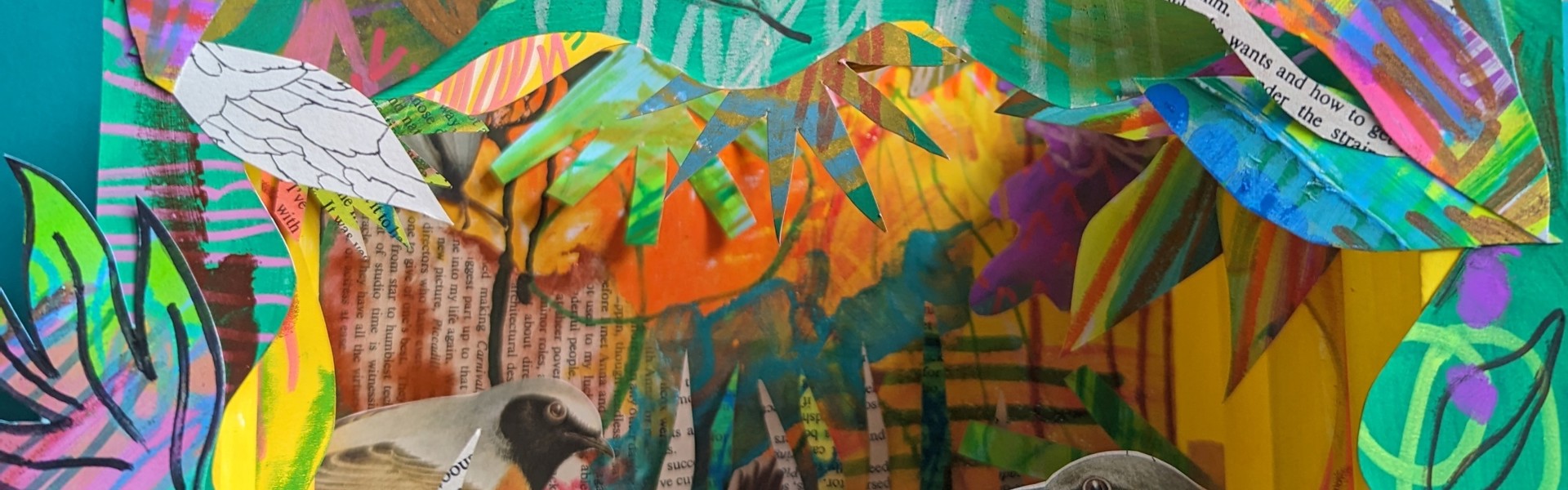 Multi-coloured abstract tunnel card depicting a nature scene