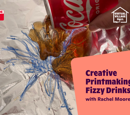 Text reads, " Creative Printmaking With Fizzy Drinks with Rachel Moore" over the main image at the top of this page.