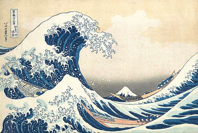 Main image: Japanese woodblock print titled "The Great Wave off Kanagawa" by the Japanese ukiyo-e artist Katsushika Hokusai, featuring a large cresting wave over boats and Mount Fuji. In various blues and, with a pale yellow background.