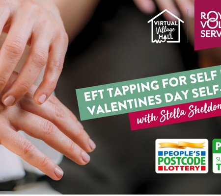 Text reads, "EFT Tapping for self love: Valentines day self-care with Stella Sheldon." The background image is a person tapping on the back on their hand with their fingers.