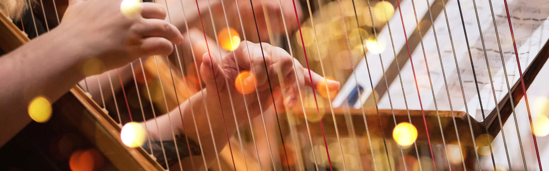 a close up of someone playing the harp with Christmas lights in the background