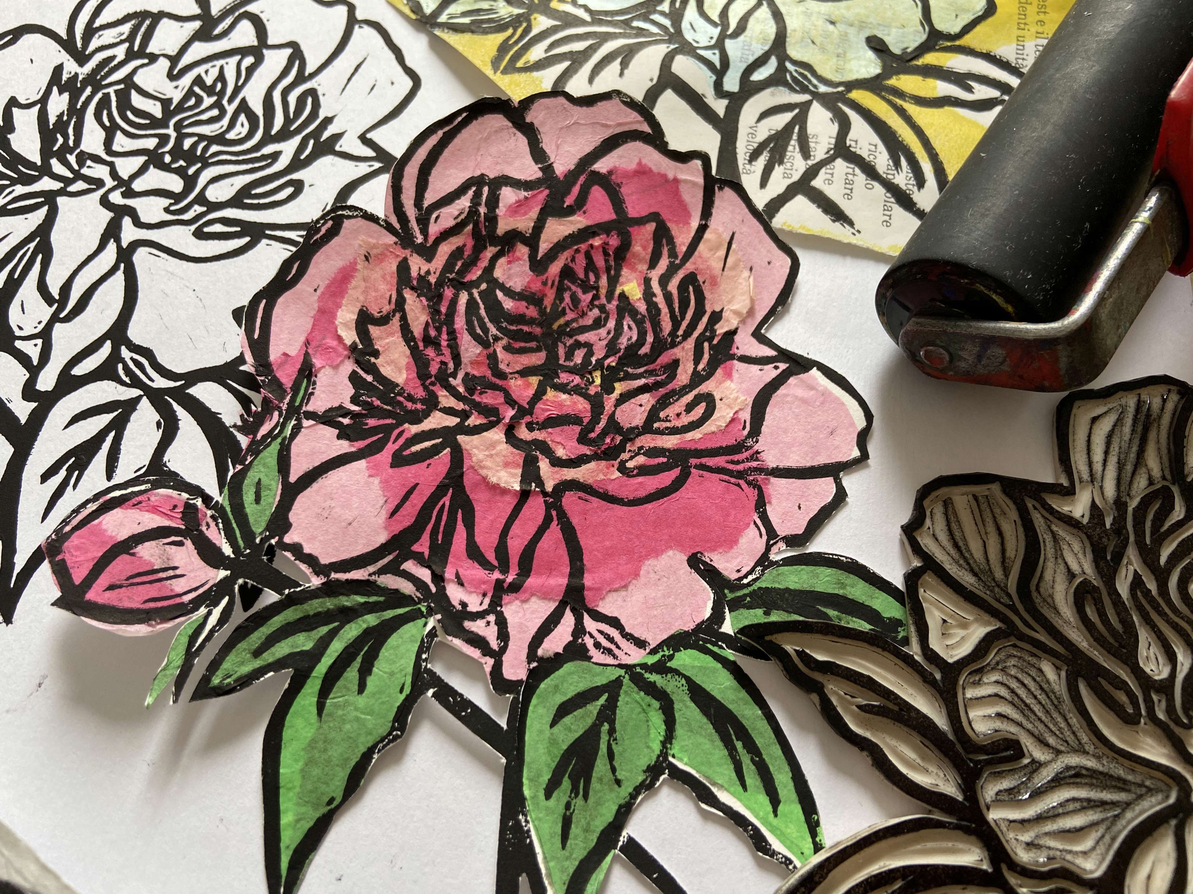 a close up of a flower lino print by Rachel Moore