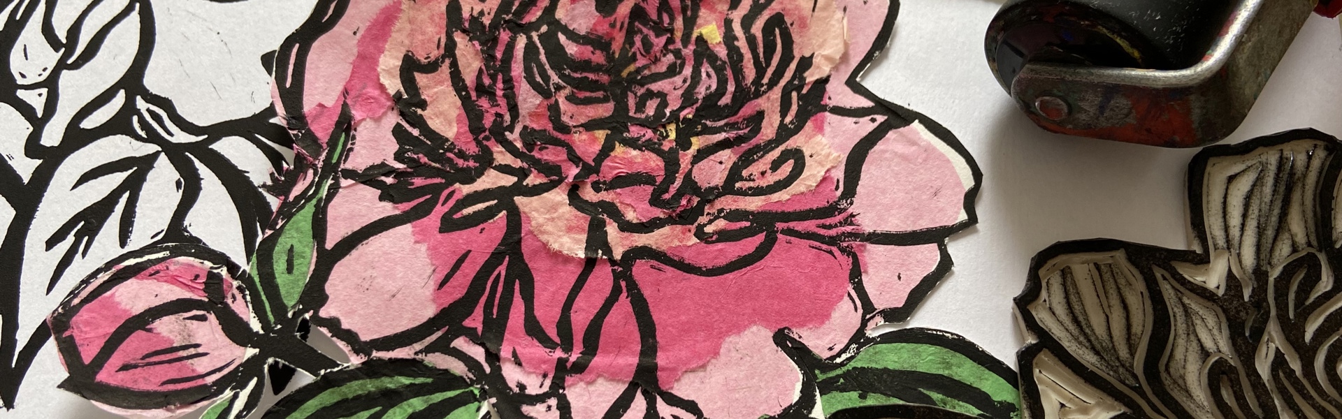 a close up of a flower lino print by Rachel Moore