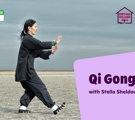 Text reads, "Qi Gong with Stella Sheldon" with an image of a woman practicing Qi Gong on a quiet beach. 