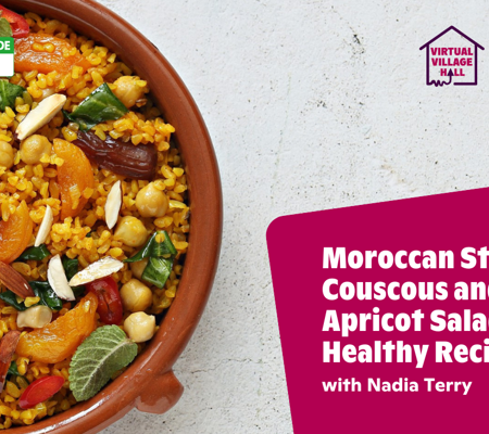 Text reads, "Moroccan Steamed Couscous And Apricot Salad - A Healthy Recipe with Nadia Terry" over the main image at the top of this page.
