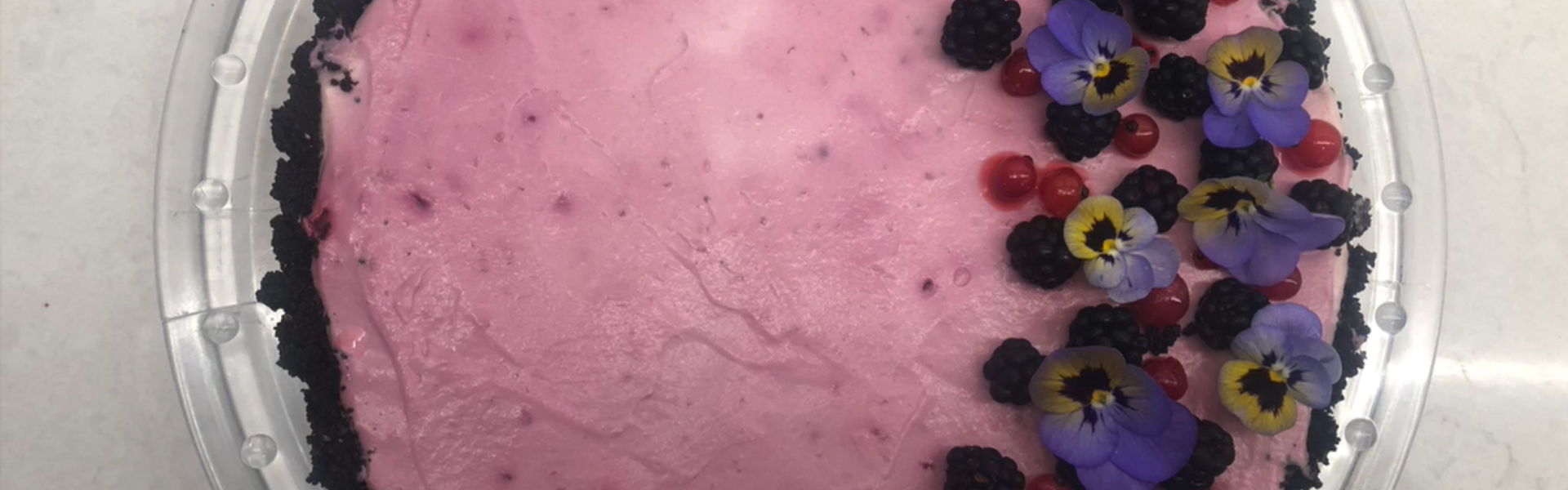 Main image: a No Bake Blackberry Cheesecake, made by Meinir Fon Hughes, with an Oreo biscuit base and decorated with blackberries, cranberries and edible flowers.