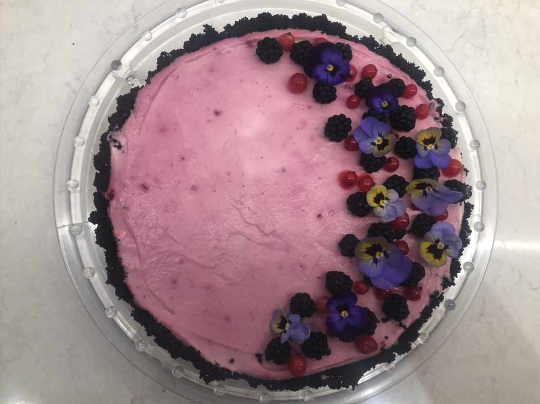 Main image: a No Bake Blackberry Cheesecake, made by Meinir Fon Hughes, with an Oreo biscuit base and decorated with blackberries, cranberries and edible flowers.