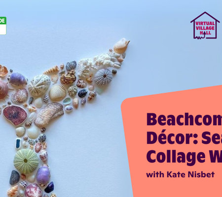 Text reads, "Beachcomber Décor Seashell Collage Wall Art with Kate Nisbet" over the main image at the top of this page.