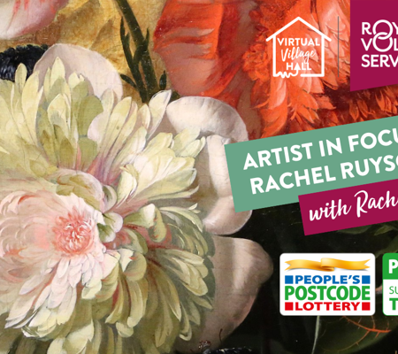 Text reads, "Artist in Focus: Rachel Ruysch" with the background image of a beautiful painting by Artist Rachel Ruysch. A large white flower, with an orange flower and dark green leaves surrounding it.