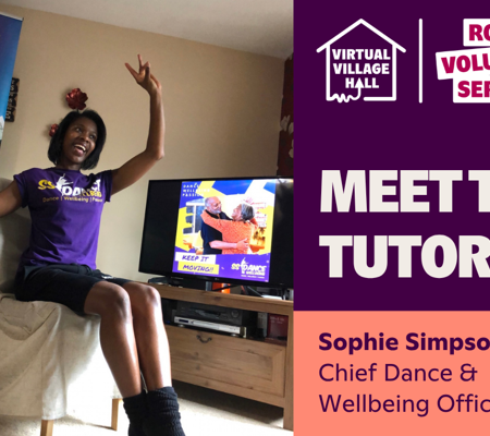 Text reads, "Meet The Tutor, Sophie Simpson - Chief Dance & Wellbeing Officer of SS Dance & Wellbeing" with a photo of Sophie sitting in her living room, with her arms up high smiling.