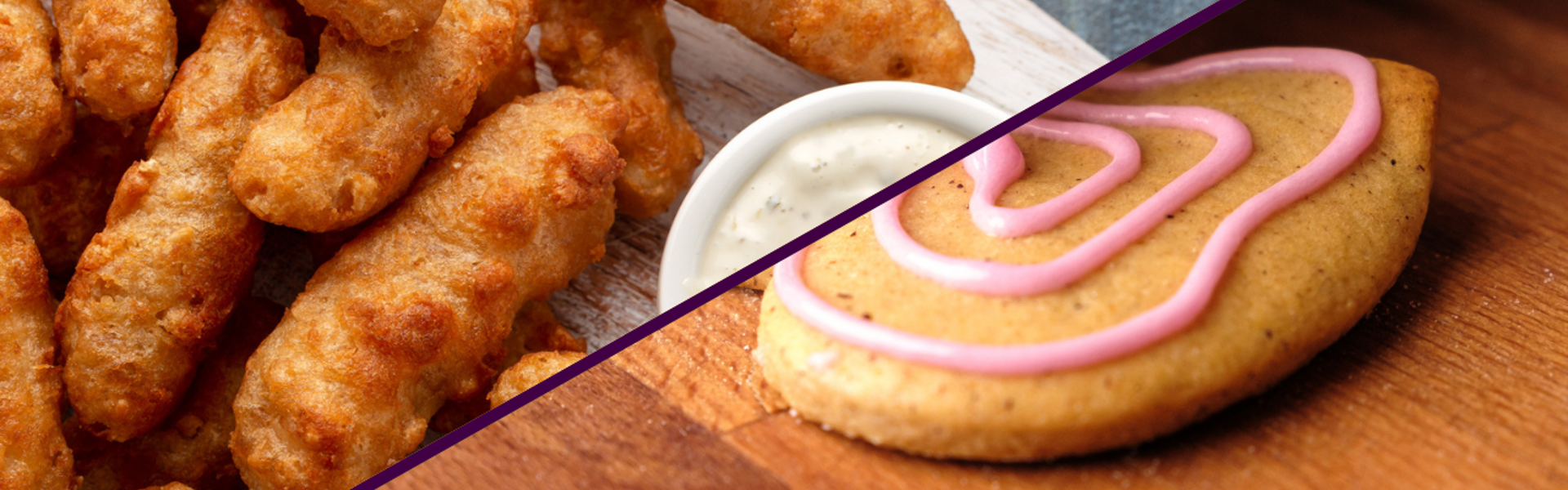 Main image: a split image of homemade fish goujons and tartare sauce on the left, and vanilla biscuits decorated with pink icing on the right.