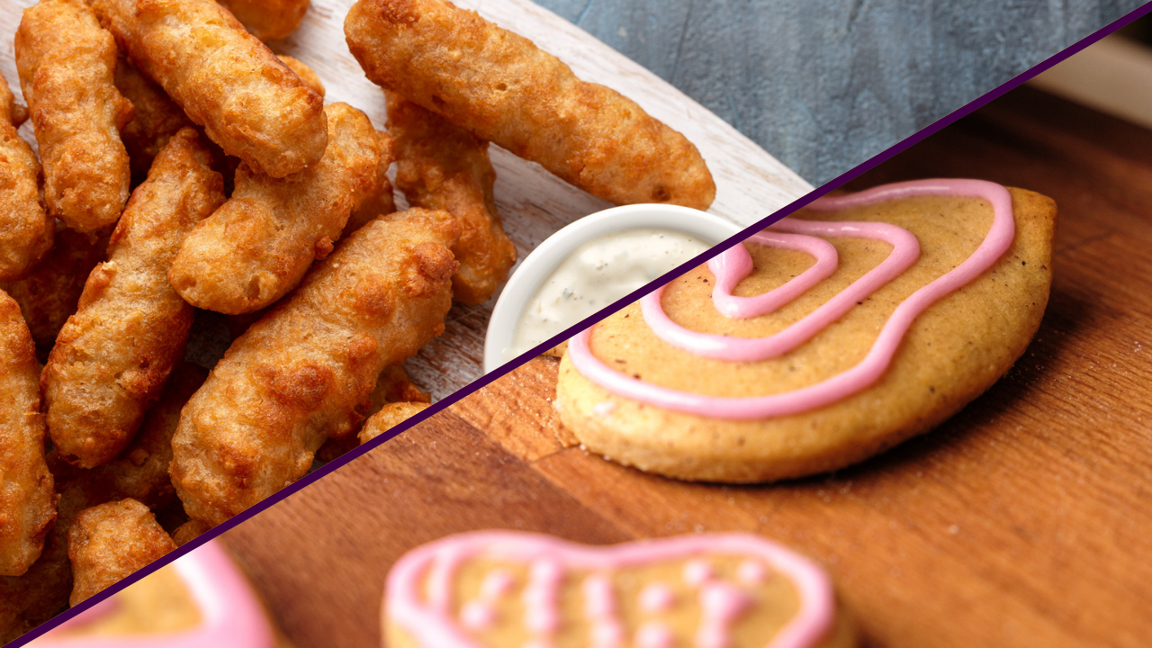 Main image: a split image of homemade fish goujons and tartare sauce on the left, and vanilla biscuits decorated with pink icing on the right.