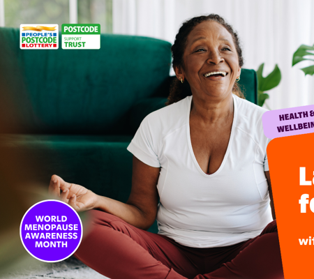 Text reads, "Laughter Yoga For Menopause with Tess Sanderson - World Menopause Awareness Month" over the main image the top of this page.