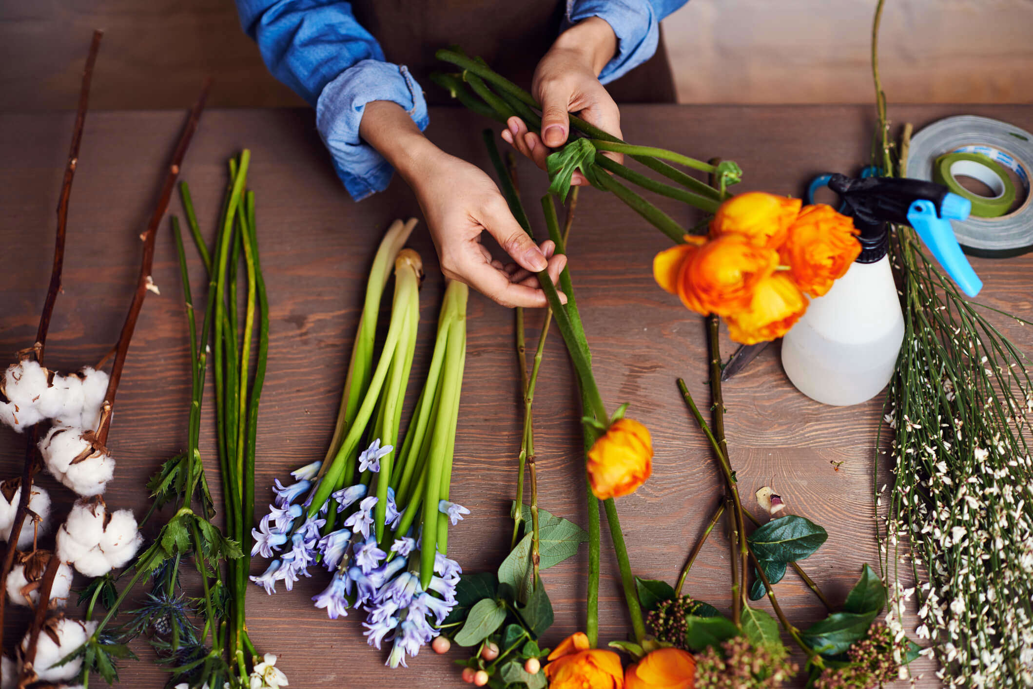 flowers and tools for creating floral arrangements
