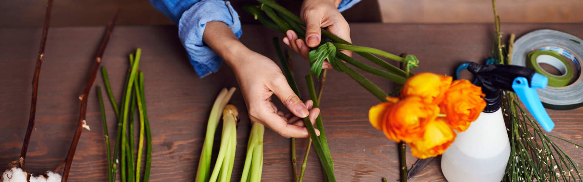 flowers and tools for creating floral arrangements