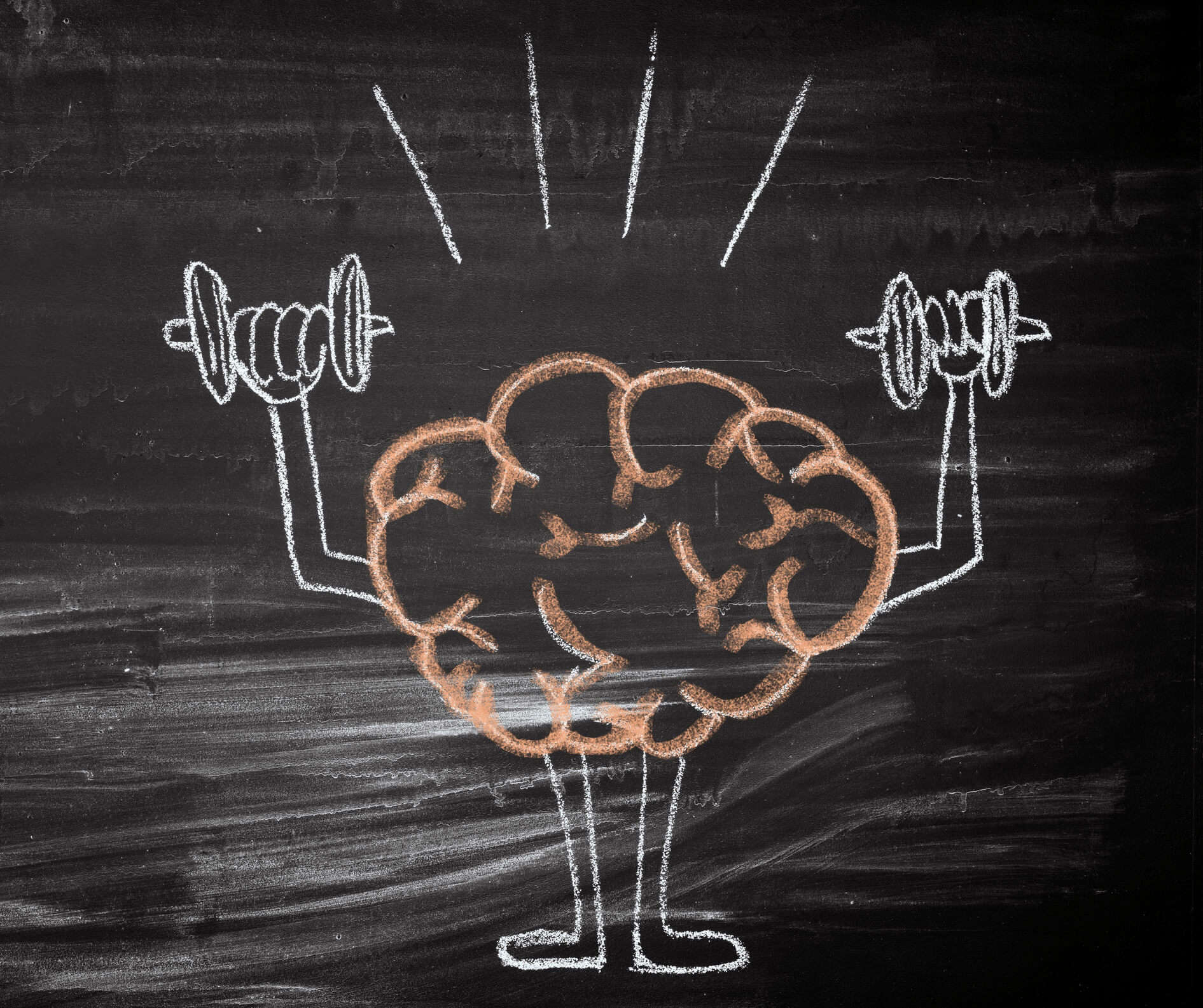 a chalk drawing of a brain lifting weights on a black chalkboard