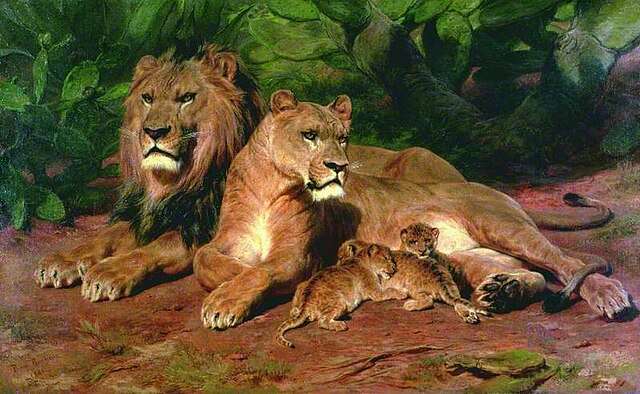 Main image: "The Lion at Home" by French 19th century artist Rosa Bonheur, completed in 1881. A mother and father lion, lay with their three cubs.