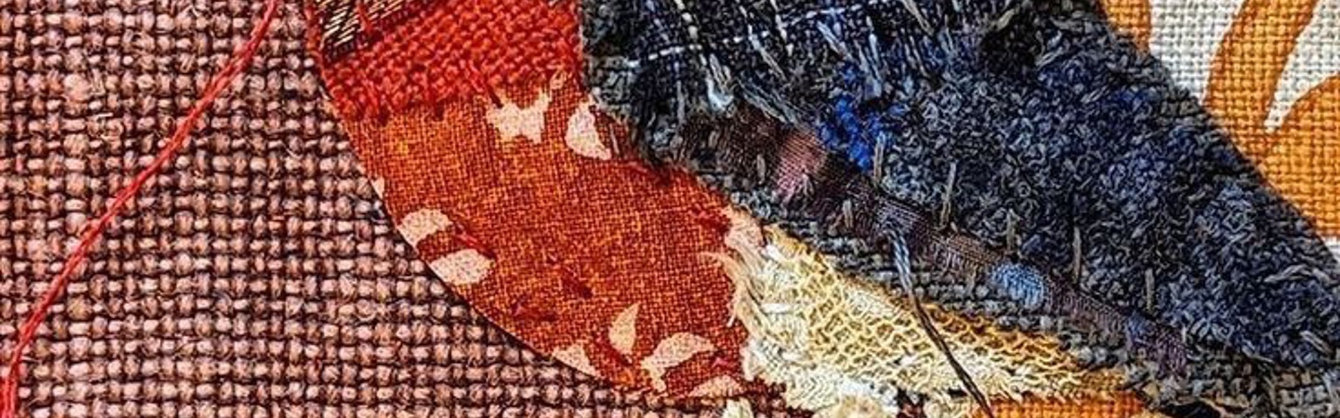 Main Image: A beautiful fabric collage bird, made using a variety of fabric scraps in blue and orange colours. Made using fabric collage techniques and slow stitching methods.