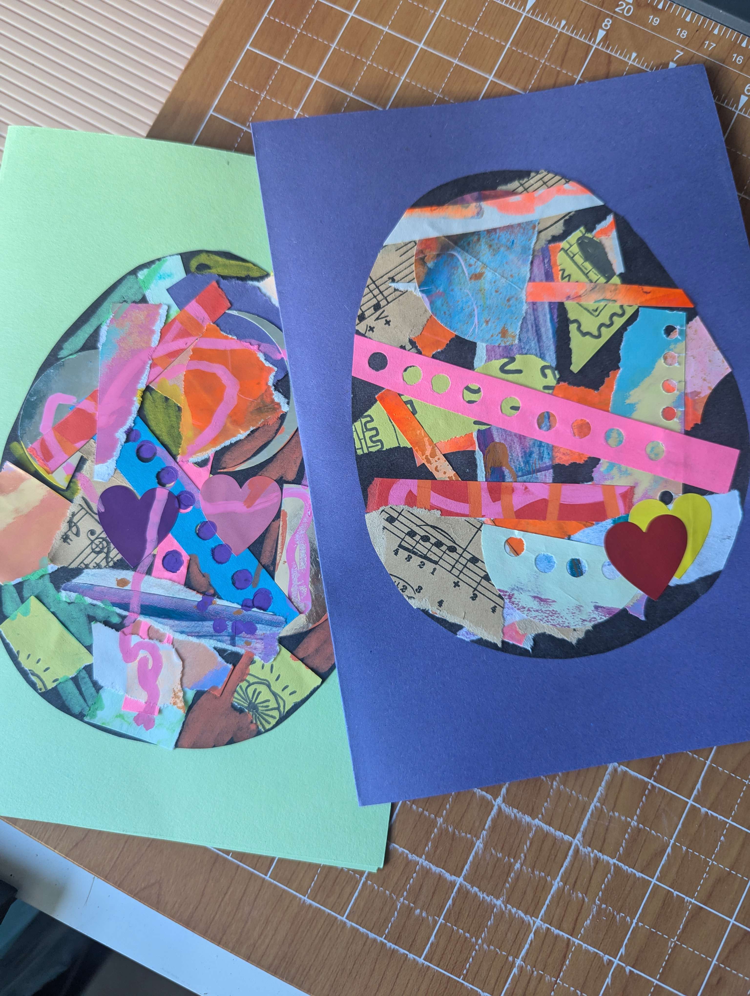 Main Image: Photo of handmade Easter collage cards, on blue paper with brightly coloured paper collage Easter eggs.