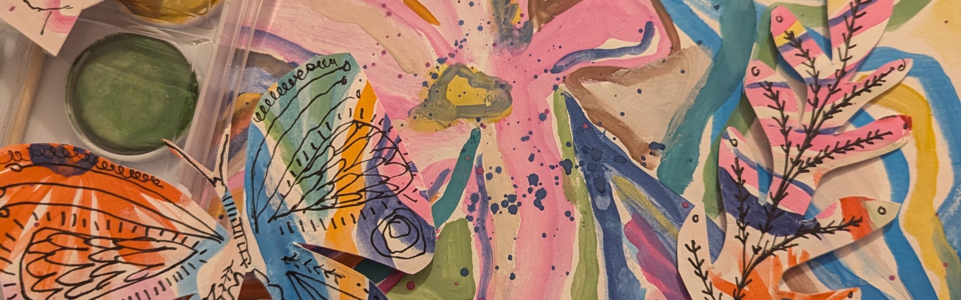 Main image: abstract mindful and intuitive painting, flowers, butterflies and abstract shapes in many bright colours.