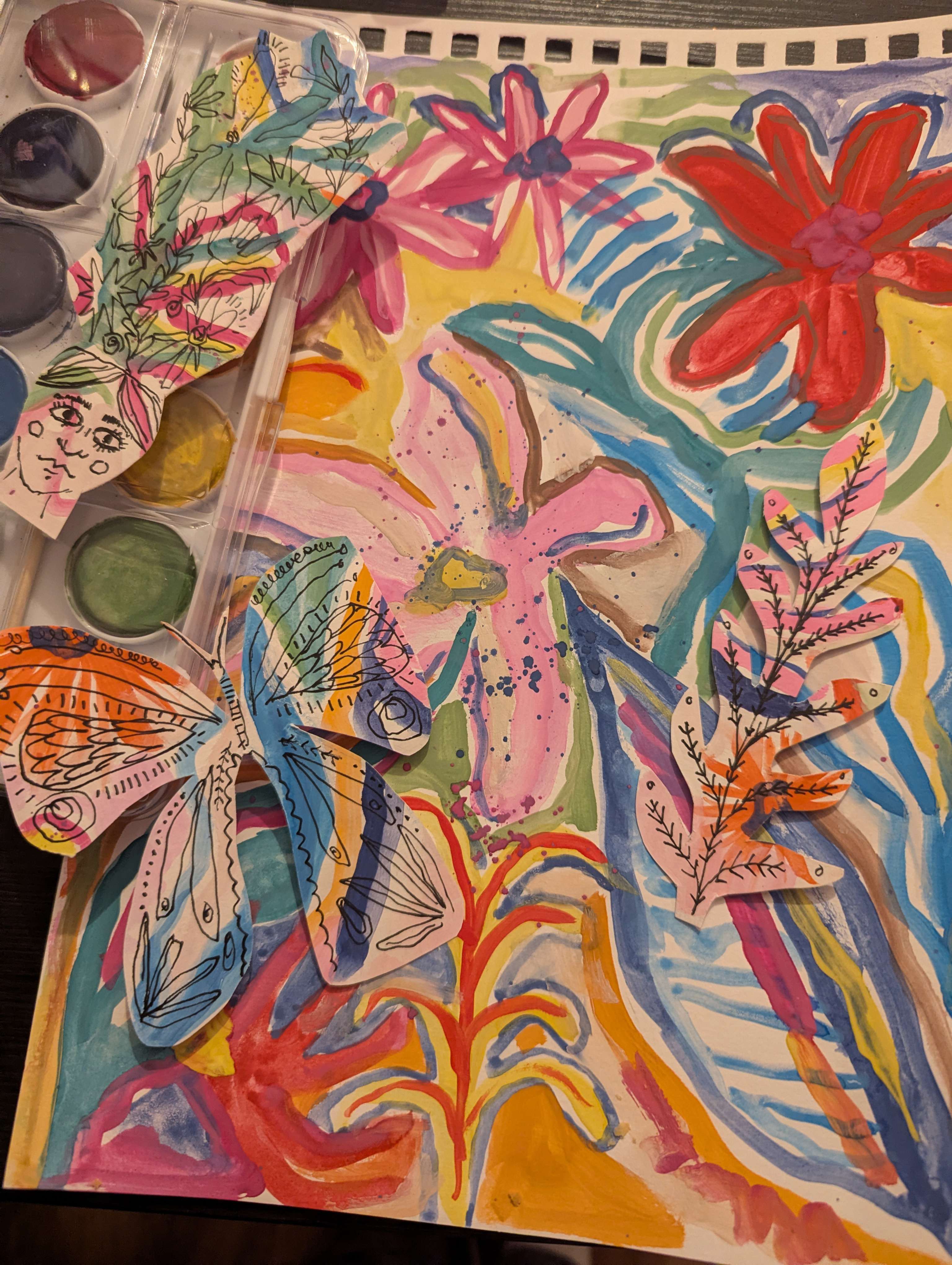 Main image: abstract mindful and intuitive painting, flowers, butterflies and abstract shapes in many bright colours.
