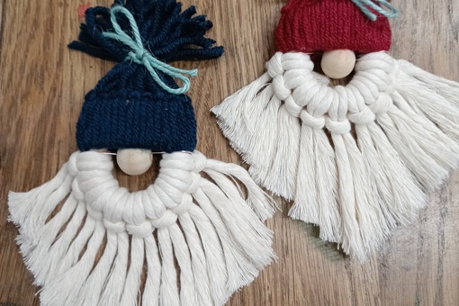 two handmade macramé Santa decorations made by Gemma Forde