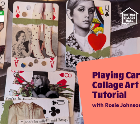Text reads, "Playing Cards Collage Art Tutorial with Rosie Johnson" over the main image at the top of this page.