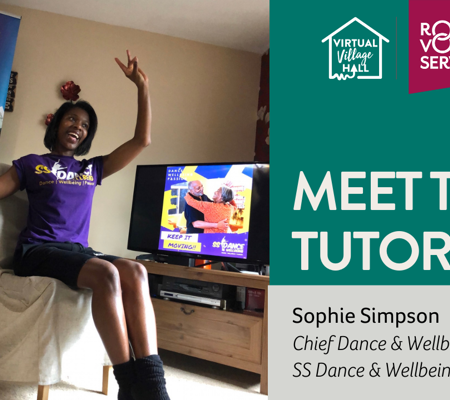 Text reads, "Meet The Tutor, Sophie Simpson - Chief Dance & Wellbeing Officer of SS Dance & Wellbeing" with a photo of Sophie sitting in her living room, with her arms up high smiling.
