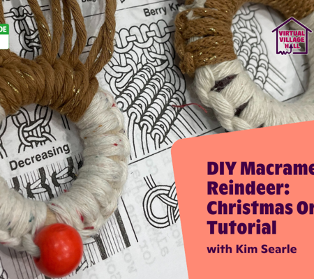 Text reads, "DIY Macrame Reindeer Christmas Ornament Tutorial with Kim Searle" over the main image at the top of this page.