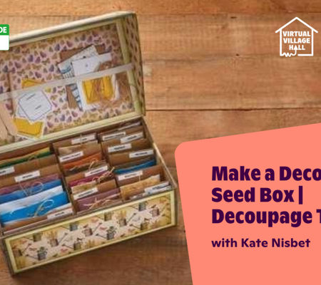 Text reads, "Make A Decorative Seed Box - Decoupage Tutorial with Kate Nisbet" over the main image at the top of this page. 