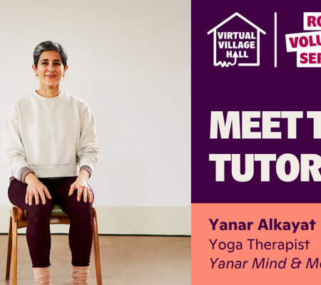 Text reads, "Meet The Tutor, Yanar Alkayat, Yoga Therapist, Yanar Mind & Movement" over an image of Yanar sat on a chair smiling ready for a Chair Yoga session.