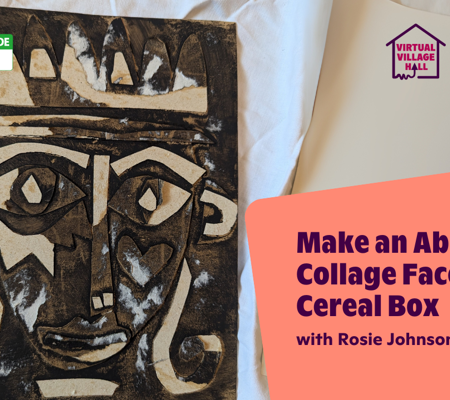 Text reads, "Make An Abstract Collage Face From A Cereal Box with Rosie Johnson" over the main image at the top of this page.