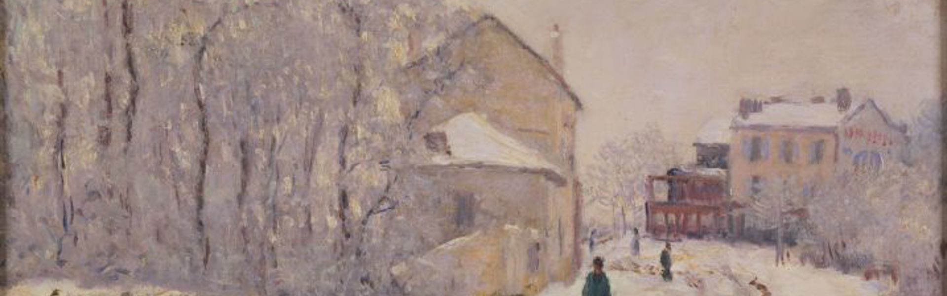 Main image: Snow at Argenteuil" 1875. By Claude Monet. A winter snow scene, with trees, houses in the background and a snowy road with a person walking along.