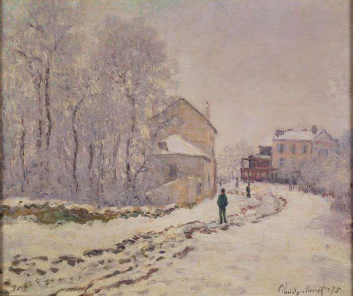 Main image: Snow at Argenteuil" 1875. By Claude Monet. A winter snow scene, with trees, houses in the background and a snowy road with a person walking along.