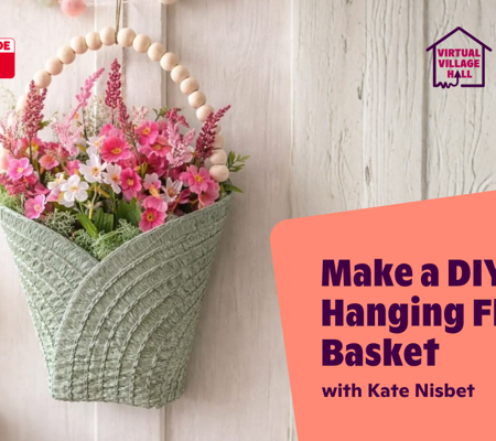 Text reads, "Make A DIY Wall Hanging Flower Basket with Kate Nisbet" over the main image at the top of this page.