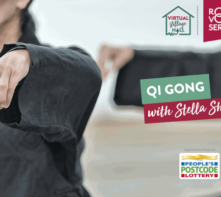 a close up of people doing Qi Gong on a beach