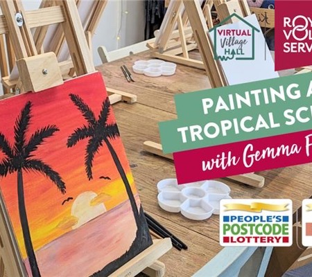 a hand painted tropical scene on a canvas resting on a easel 